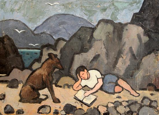 § Sir Kyffin Williams RA KBE (1918-2006) The artists cousin as a boy reading on a beach, a dog seated beside him 20 x 27in., unframed